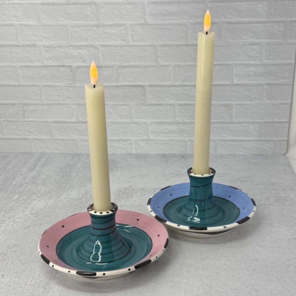 Pair Vintage Studio Pottery Candlestick Holders MacKenzie-Childs Style Pastel